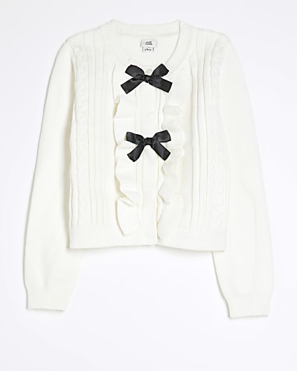 Girls Cream Bow Front Cardigan