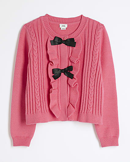 Girls Pink Knitted Bow Cardigan