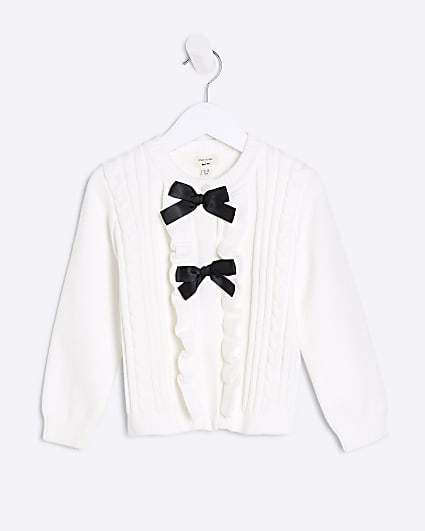 Mini Girls Cream Knitted Bow Cardigan