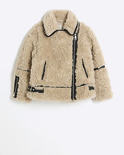 Girls cream borg aviator jacket