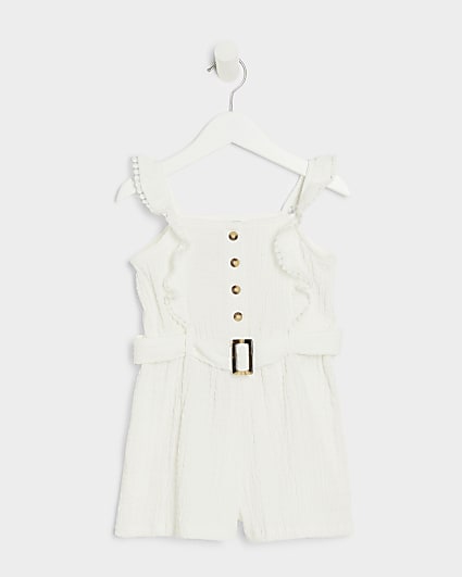 Mini girls white belted frill playsuit