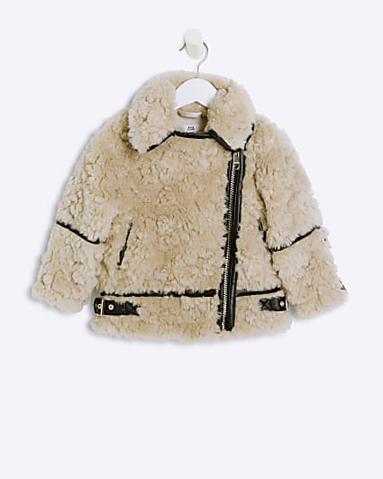 Mini girls cream borg aviator jacket