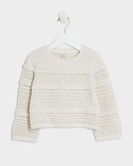 Mini girls cream crochet metallic jumper