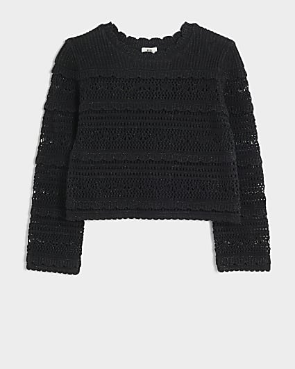 Girls black crochet metallic jumper