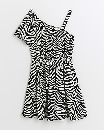 Girls white zebra textured one shoulder dress