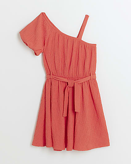 Girls coral textured one shoulder dress