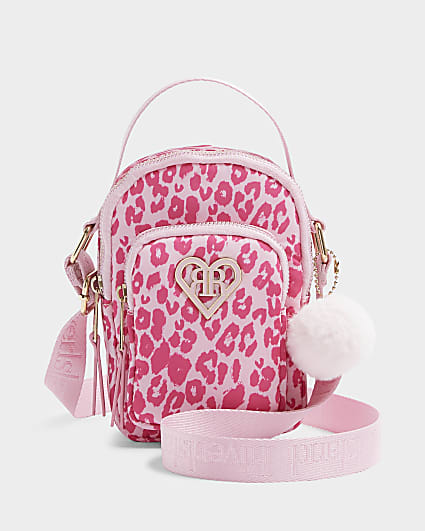 Girls pink leopard print cross body bag