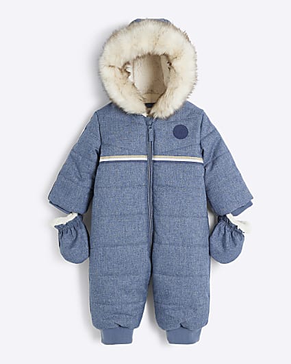 Baby boys navy hooded snowsuit and mittens