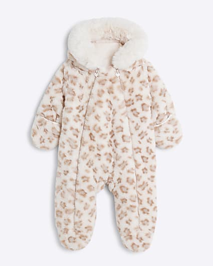 Baby Girls Brown Leopard Faux Fur Snowsuit