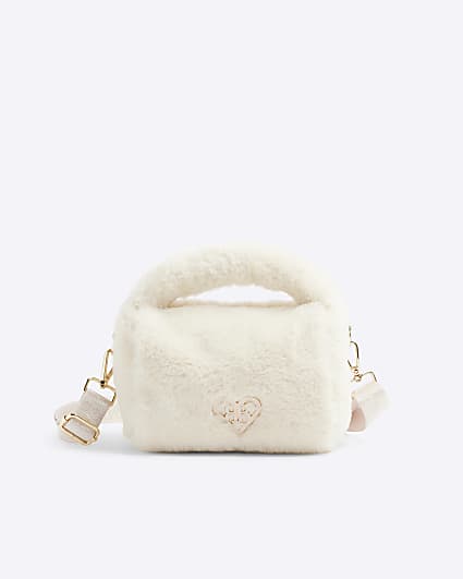 Girls cream faux fur cross body bag