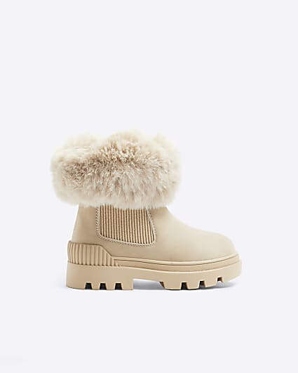 Mini Girls Beige Faux Fur Trim Boots