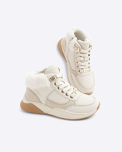 Girls cream faux fur cuff trainers