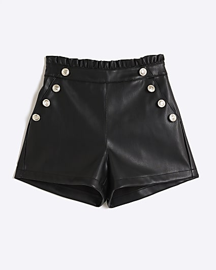 Girls black faux leather button shorts