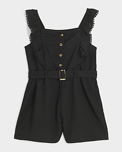 Girls black belted frill playsuit