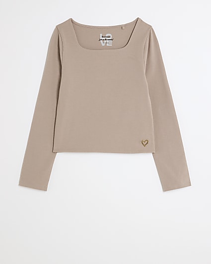 Girls beige square neck long sleeve top