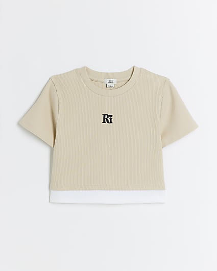 Girls beige ribbed double hem t-shirt