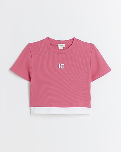 Girls pink ribbed double hem t-shirt