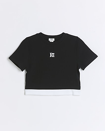 Girls black ribbed double hem t-shirt