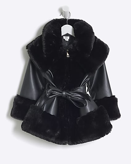 Mini Girls Black Faux Fur Belted Coat