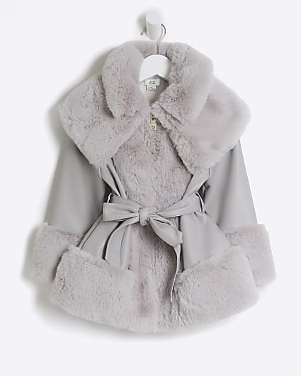 Mini Girls Grey Faux Fur Belted Coat