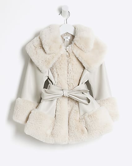 Mini Girls Cream Faux Fur Belted Coat