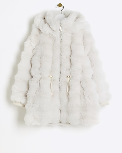 Girls cream faux fur hooded coat