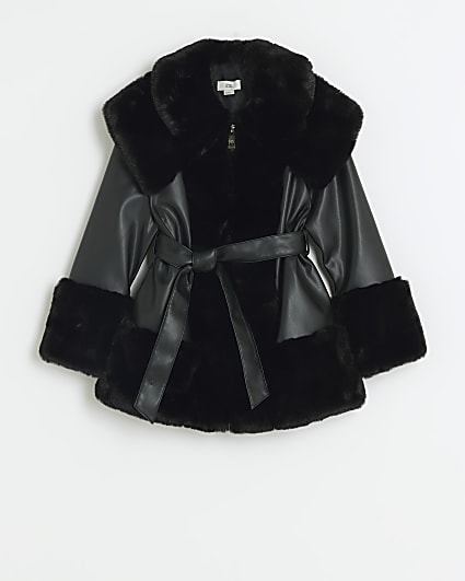 Girls Black Faux Fur Belted Coat