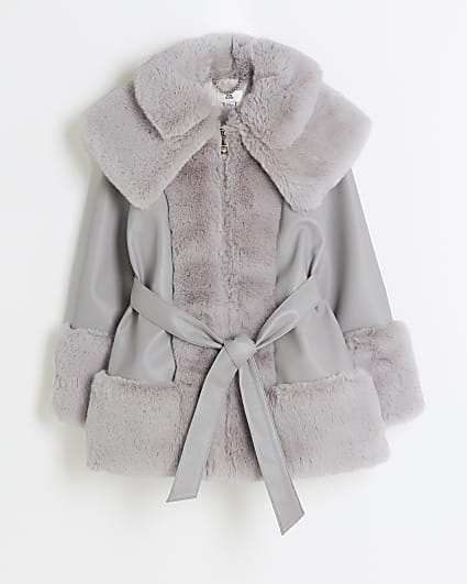 Girls Grey Faux Fur Belted Coat