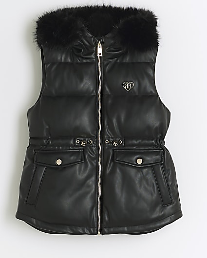 Girls black faux leather padded gilet