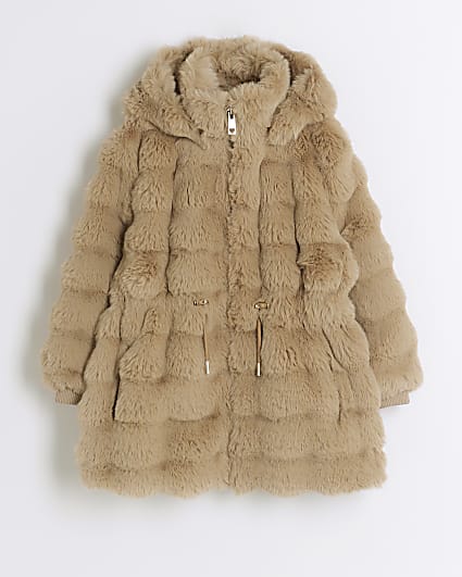 Girls Beige faux fur hooded coat