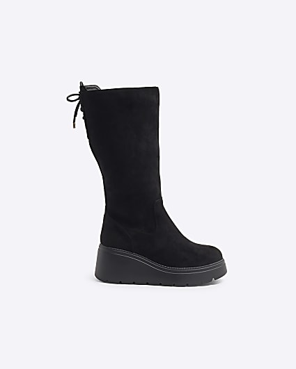 Girls Black Suedette Wedge Knee High Boots