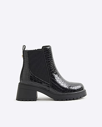 Girls Black Croc Heeled Boots