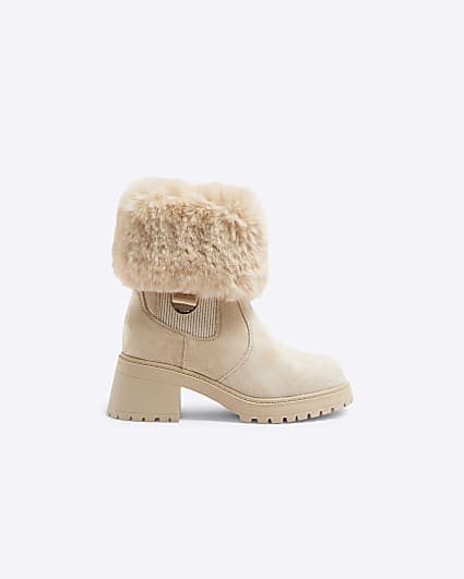 Girls Beige Faux Fur Cuff Heeled Boot