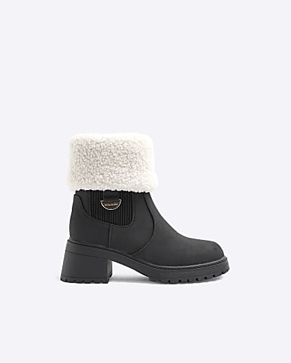 Girls Black Shearling Cuff Heeled Boots