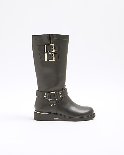 Girls black faux leather buckle biker boots