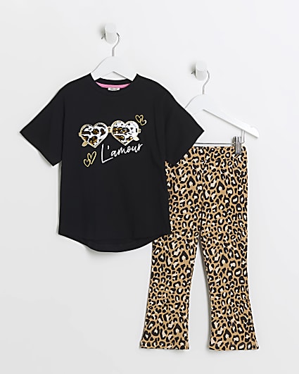 Mini Girls Black Leopard Print T-Shirt Set