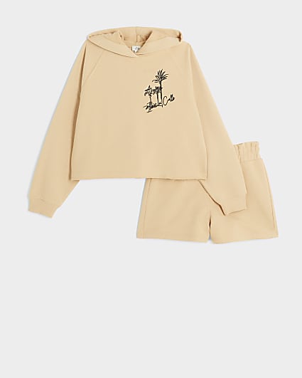 Girls beige safari print hoodie and short set