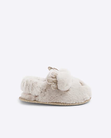 Mini Girls Cream Fur Reindeer Slippers