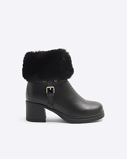 Girls Black Faux Fur Trim Buckle Heeled Boots