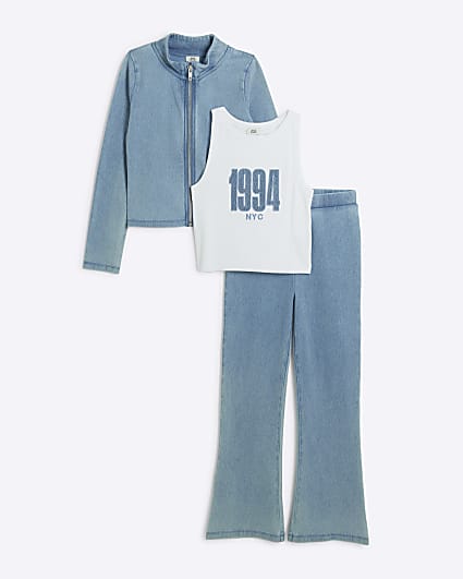 Girls Blue Denim Zip Through 3 Piece Set