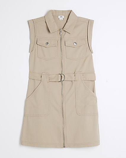 Girls Beige Zip up Pinafore Dress