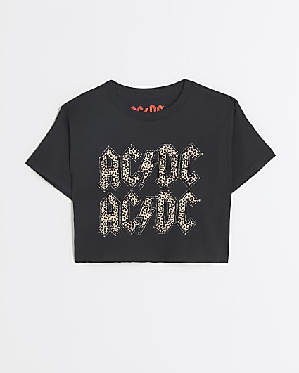 Girls black leopard AC DC print t-shirt