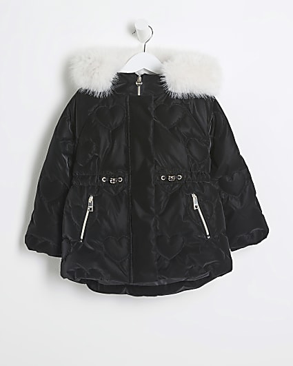 Mini Girls Black Padded Heart Faux Fur Coat