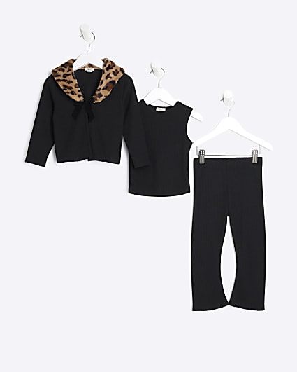 Mini Girls Black Leopard Collar Cardigan Set