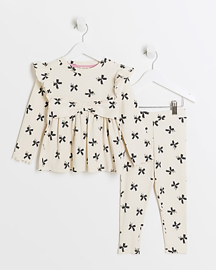 Mini girls beige ribbed bow peplum top set