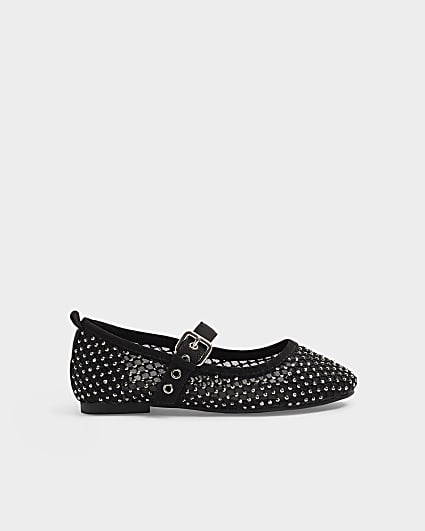 Girls black mesh diamante ballet pumps