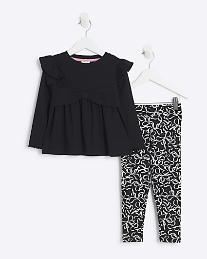 Mini girls black top and bow leggings set