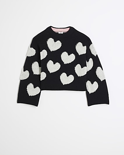 Girls black boucle heart jumper