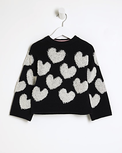 Mini girls black boucle heart jumper