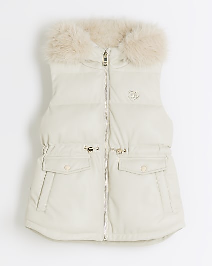 Girls cream faux leather padded gilet